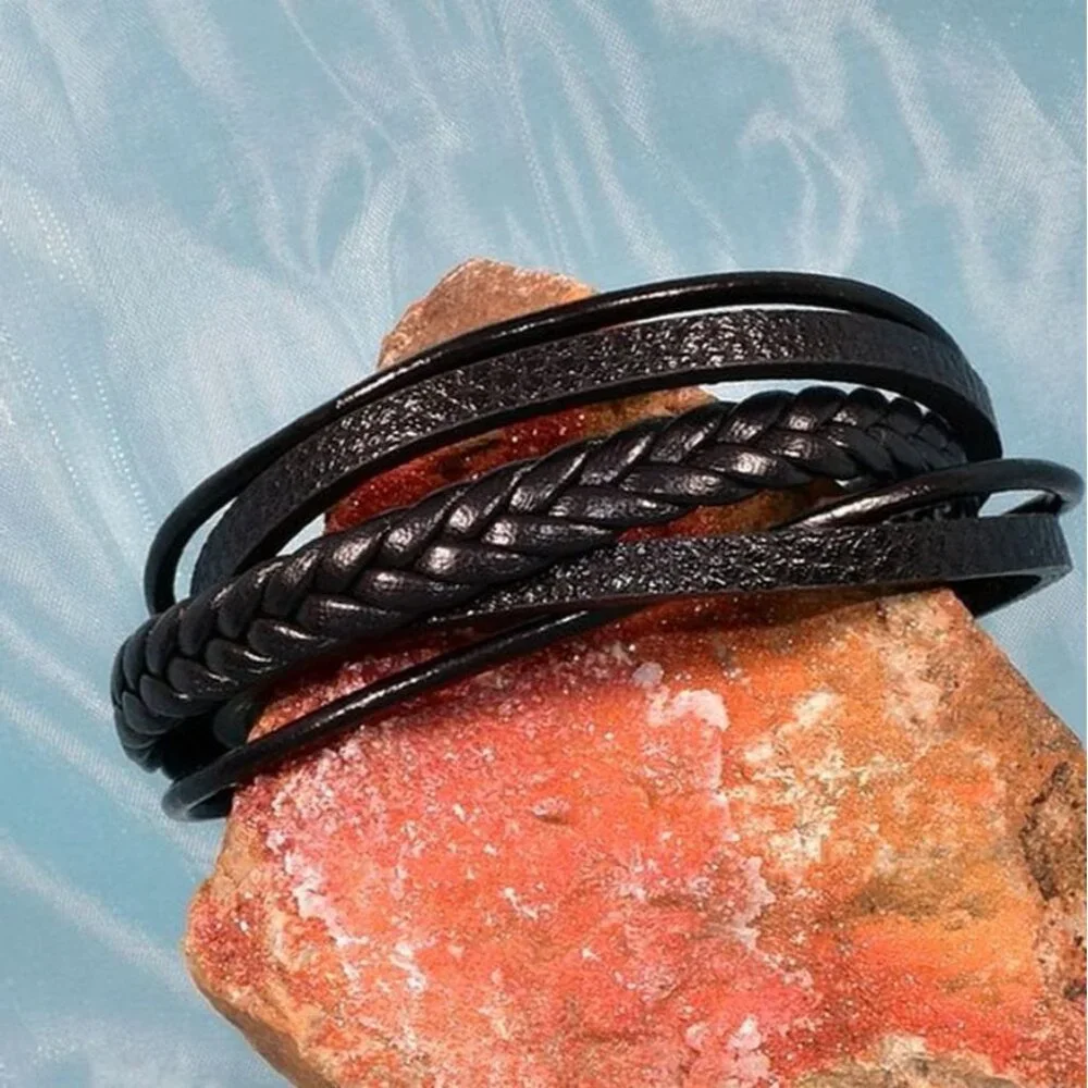 Vault Josef Mens Five Layer Silver Metal Clasp Leather Bracelet Black Gift Boxed